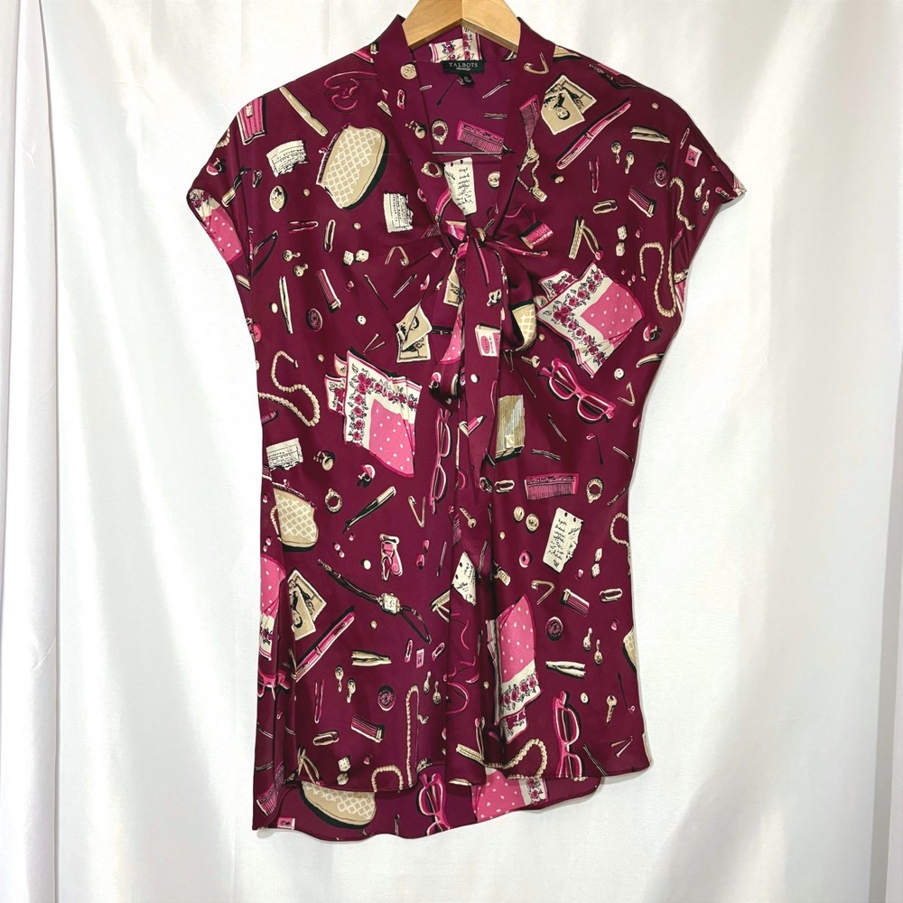 Talbots Novelty Print Tie Neck Blouse Burgundy Asymmetrical Hem Top Size 10